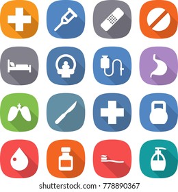 flat vector icon set - medical cross vector, crutch, patch, pill, hospital bed, tomography, dropper, stomach, lungs, scalpel, heavy, drop, pills bottle, tooth brush, liquid soap