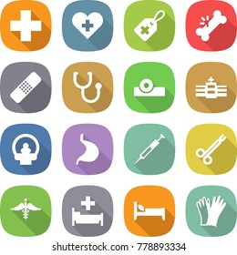 flat vector icon set - medical cross vector, heart, label, broken bone, patch, stethoscope, head reflector, hospital, tomography, stomach, syringe, surgical clamp, ambulance sign, bed, gloves