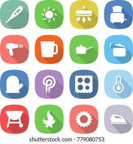 flat vector icon set - medical thermometer vector, sun, air conditioning, toaster, hair dryer, cup, saute pan, steam, cook glove, elecric oven, hob, bbq, fire, iron