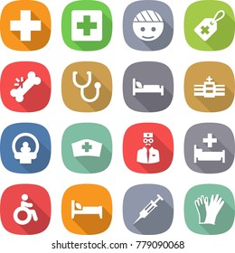 flat vector icon set - medical cross vector, bandaged head, label, broken bone, stethoscope, hospital bed, tomography, hat, doctor, invalid, syringe, gloves