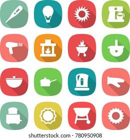 flat vector icon set - medical thermometer vector, air ballon, sun, coffee maker, hair dryer, fireplace, bbq, ladle, cauldron, saute pan, kettle, cook glove, toaster, induction oven