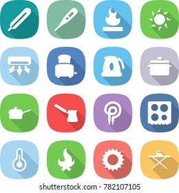 flat vector icon set - medical thermometer vector, flammable, sun, air conditioning, toaster, kettle, pan, saute, turk, elecric oven, hob, fire, iron board