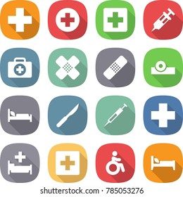 flat vector icon set - medical cross vector, syringe, doctor case, patch, head reflector, hospital bed, scalpel, first aid, invalid