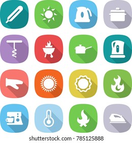 flat vector icon set - medical thermometer vector, sun, kettle, pan, corkscrew, bbq, saute, cook glove, gas oven, induction, fire, coffee maker, iron