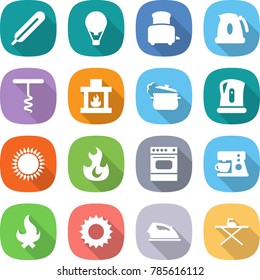 flat vector icon set - medical thermometer vector, air ballon, toaster, kettle, corkscrew, fireplace, steam pan, gas oven, fire, coffee maker, sun, iron, board
