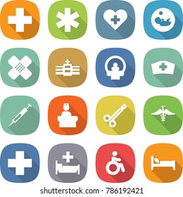 flat vector icon set - medical cross vector, ambulance star, heart, pregnancy, patch, hospital, tomography, hat, syringe, recieption, surgical clamp, sign, invalid, bed