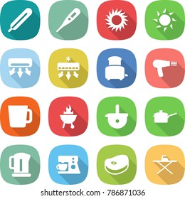 flat vector icon set - medical thermometer vector, sun, air conditioning, toaster, hair dryer, cup, bbq, ladle, saute pan, kettle, coffee maker, steake, iron board