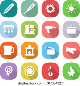flat vector icon set - medical thermometer vector, sun, air conditioning, coffee maker, hair dryer, pan, cup, fireplace, steam, cook glove, elecric oven, induction, fire