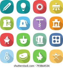 flat vector icon set - medical thermometer vector, air ballon, sun, conditioning, coffee maker, kettle, corkscrew, fireplace, bbq, ladle, hob, steake, fire, iron board