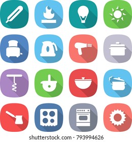 flat vector icon set - medical thermometer vector, flammable, air ballon, sun, toaster, kettle, hair dryer, pan, corkscrew, ladle, cauldron, steam, turk, hob, oven