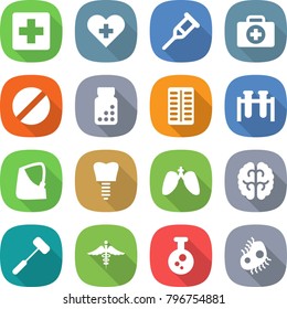 flat vector icon set - medical cross vector, heart, crutch, doctor case, pill, pills bottle, blister, test vial, broken hand, tooth implant, lungs, brain, doctors hammer, ambulance sign, chemical