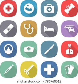 flat vector icon set - medical cross vector, pregnancy, doctor case, broken bone, patch, stethoscope, hospital bed, ambulance helicopter, tomography, hat, scalpel, syringe, surgical clamp, gloves
