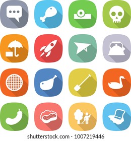 flat vector icon set - message vector, chicken leg, head reflector, skull, insurance, rocket, deltaplane, kettle, sieve, shovel, goose, eggplant, sponge with foam, garden cleaning, floor washing