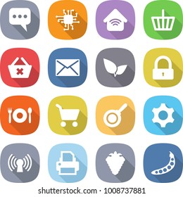 flat vector icon set - message vector, chip, wireless home, basket, delete cart, mail, leafs, lock, cafe, pan, gear, antenna, printer, berry, peas