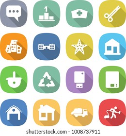 flat vector icon set - message vector, pedestal, medical hat, surgical clamp, modern architecture, school, starfish, home, ladle, recycle, usb flash, kitchen scales, barn, house, trash truck
