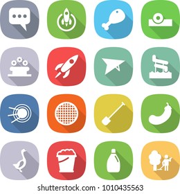 flat vector icon set - message vector, rocket, chicken leg, head reflector, flower bed, deltaplane, aquapark, satellite, sieve, shovel, eggplant, goose, foam bucket, cleanser, garden cleaning