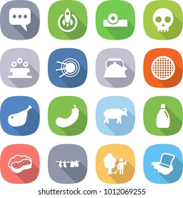 flat vector icon set - message vector, rocket, head reflector, skull, flower bed, satellite, kettle, sieve, chicken leg, eggplant, sheep, cleanser, sponge with foam, drying clothes, garden cleaning