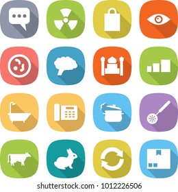 flat vector icon set - message vector, nuclear, shopping bag, eye, microbe, brain, minaret, sorting, bath, office phone, steam pan, skimmer, cow, rabbit, reload, package