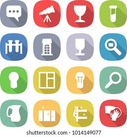 flat vector icon set - message vector, telescope, wineglass, test vial, building, fragile, cargo search, bulb, window, magnifier, jug, clean, skyscrapers cleaning, wiping