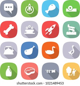 flat vector icon set - message vector, rocket, chicken leg, head reflector, bone, flower bed, aquapark, kettle, goose, cleanser, sponge with foam, drying clothes, garden cleaning