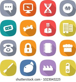 flat vector icon set - message vector, monitor arrow, dna, crypto currency, ticket, bone, doctor, houses, phone, locked, chip, chief hat, spatula, lemon, seedling, do not disturb