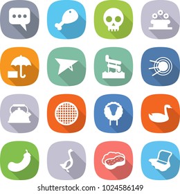 flat vector icon set - message vector, chicken leg, skull, flower bed, insurance, deltaplane, aquapark, satellite, kettle, sieve, sheep, goose, eggplant, sponge with foam, floor washing