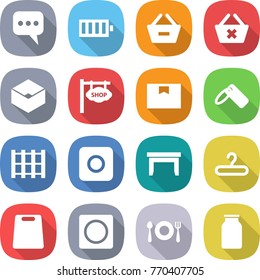 flat vector icon set - message vector, battery, remove from basket, delete cart, box, shop signboard, package, label, pallet, ring button, table, hanger, cutting board, fork spoon plate, bank