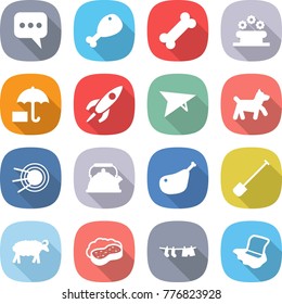 flat vector icon set - message vector, chicken leg, bone, flower bed, insurance, rocket, deltaplane, dog, satellite, kettle, shovel, sheep, sponge with foam, drying clothes, floor washing