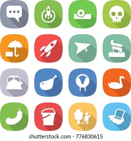 flat vector icon set - message vector, rocket, head reflector, skull, deltaplane, aquapark, kettle, chicken leg, sheep, goose, eggplant, foam bucket, garden cleaning, floor washing