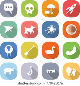 flat vector icon set - message vector, skull, insurance, rocket, deltaplane, dog, satellite, sieve, sheep, shovel, goose, eggplant, drying clothes, garden cleaning