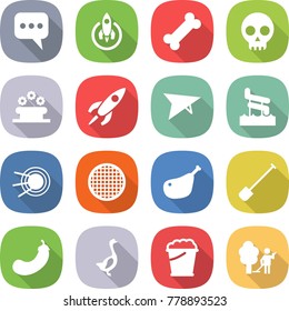 flat vector icon set - message vector, rocket, bone, skull, flower bed, deltaplane, aquapark, satellite, sieve, chicken leg, shovel, eggplant, goose, foam bucket, garden cleaning