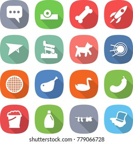 flat vector icon set - message vector, head reflector, bone, rocket, deltaplane, aquapark, dog, satellite, sieve, chicken leg, goose, eggplant, foam bucket, cleanser, drying clothes, floor washing