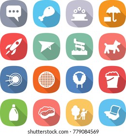 flat vector icon set - message vector, chicken leg, flower bed, insurance, rocket, deltaplane, aquapark, dog, satellite, sieve, sheep, foam bucket, cleanser, sponge with, garden cleaning
