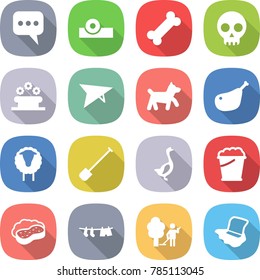 flat vector icon set - message vector, head reflector, bone, skull, flower bed, deltaplane, dog, chicken leg, sheep, shovel, goose, foam bucket, sponge with, drying clothes, garden cleaning
