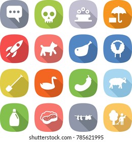 flat vector icon set - message vector, skull, flower bed, insurance, rocket, dog, chicken leg, sheep, shovel, goose, eggplant, cleanser, sponge with foam, drying clothes, garden cleaning