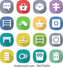 flat vector icon set - message vector, delete cart, box, singlepost, rack, label, basket, ring button, table, hanger, battery, plates, trash bin