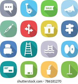 flat vector icon set - message vector, gyroscooter, sale, loudspeaker, syringe, route, hi quality package, signpost, toaster, ladder, pool, coil, envelope, kitchen scales, seedling, rake