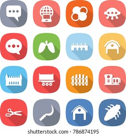 flat vector icon set - message vector, notebook globe, atom core, ufo, balloon, lungs, bridge, barn, gothic architecture, truck shipping, fence, food processor, scissors, sickle, bug