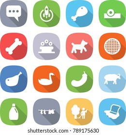 flat vector icon set - message vector, rocket, chicken leg, head reflector, bone, flower bed, dog, sieve, goose, eggplant, sheep, cleanser, drying clothes, garden cleaning, floor washing