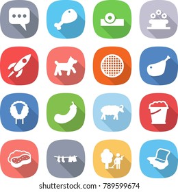 flat vector icon set - message vector, chicken leg, head reflector, flower bed, rocket, dog, sieve, sheep, eggplant, foam bucket, sponge with, drying clothes, garden cleaning, floor washing