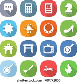flat vector icon set - message vector, calculator, abacus, chess horse, chip, necklace, shoes, arch, stool, tv, pan, ladle, scissors, fire