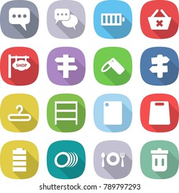 flat vector icon set - message vector, discussion, battery, delete cart, shop signboard, singlepost, label, signpost, hanger, rack, cutting board, plates, fork spoon plate, trash bin