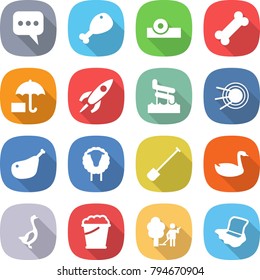 flat vector icon set - message vector, chicken leg, head reflector, bone, insurance, rocket, aquapark, satellite, sheep, shovel, goose, foam bucket, garden cleaning, floor washing