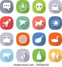 flat vector icon set - message vector, rocket, skull, flower bed, deltaplane, dog, satellite, kettle, sieve, chicken leg, goose, sheep, cleanser, garden cleaning