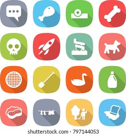 flat vector icon set - message vector, chicken leg, head reflector, bone, skull, rocket, aquapark, dog, sieve, shovel, goose, cleanser, sponge with foam, drying clothes, garden cleaning