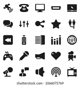 Flat vector icon set - microphone vector, antenna, satellitie, speaker, loudspeaker, gamepad, settings, equalizer, video camera, remote control, internet, dialog, speaking man, monitor, notebook pc