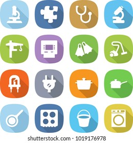 flat vector icon set - microscope vector, puzzle, stethoscope, tower crane, atm, flippers, vacuum cleaner, led, plug, pan, saute, hob, bucket, washing machine