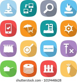 flat vector icon set - microscope vector, notebook connect, magnifier, flammable, mobile checking, lounger, pool, handwheel, curtain, pan, welcome mat, no signal, saute, pancakes, grain elevator