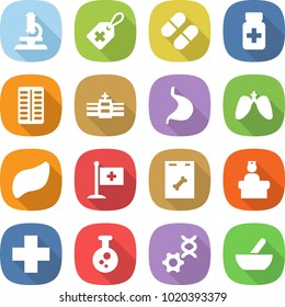 flat vector icon set - microscope vector, medical label, pill, pills bottle, blister, hospital, stomach, lungs, liver, flag, roentgen, recieption, cross, chemical, dna edit, mortar