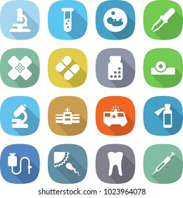 flat vector icon set - microscope vector, vial, pregnancy, pipette, medical patch, pill, pills bottle, head reflector, hospital, ambulance car, potion, dropper, sperm, tooth, syringe